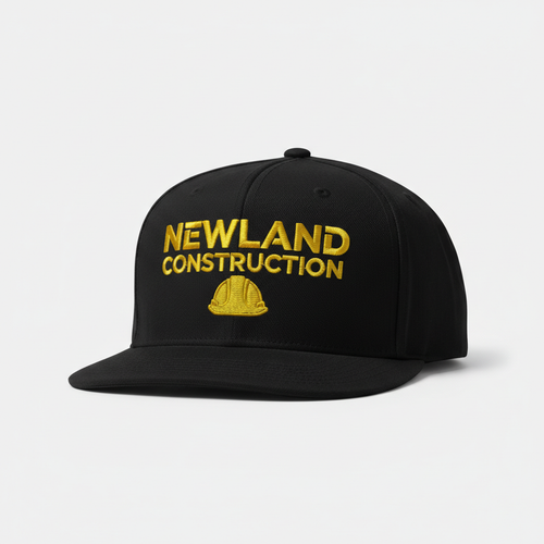 Newland Construction black snapback hat with yellow embroidered logo
