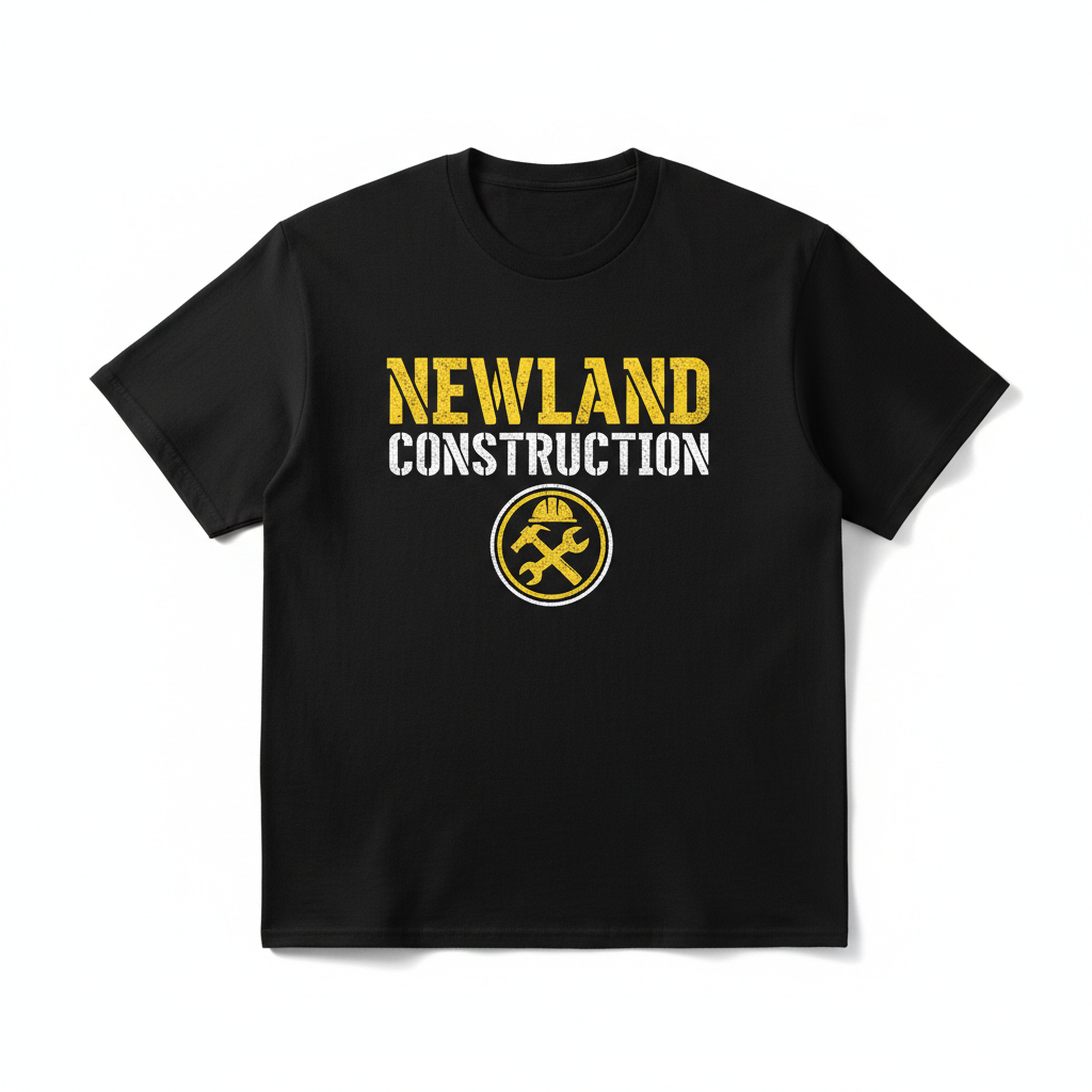 Newland Construction black t-shirt with yellow and white graphic print