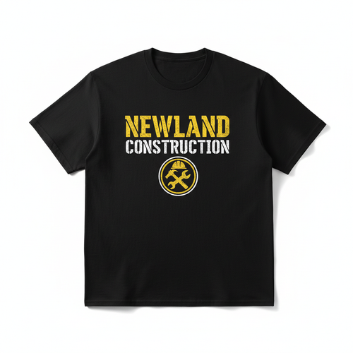 Newland Construction black t-shirt with yellow and white graphic print